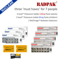 Nuclear radiation protection for 7 people. Iosat Potassium Iodide (130mg and 65mg) and 2 RADTriage Personal Radiation Detectors